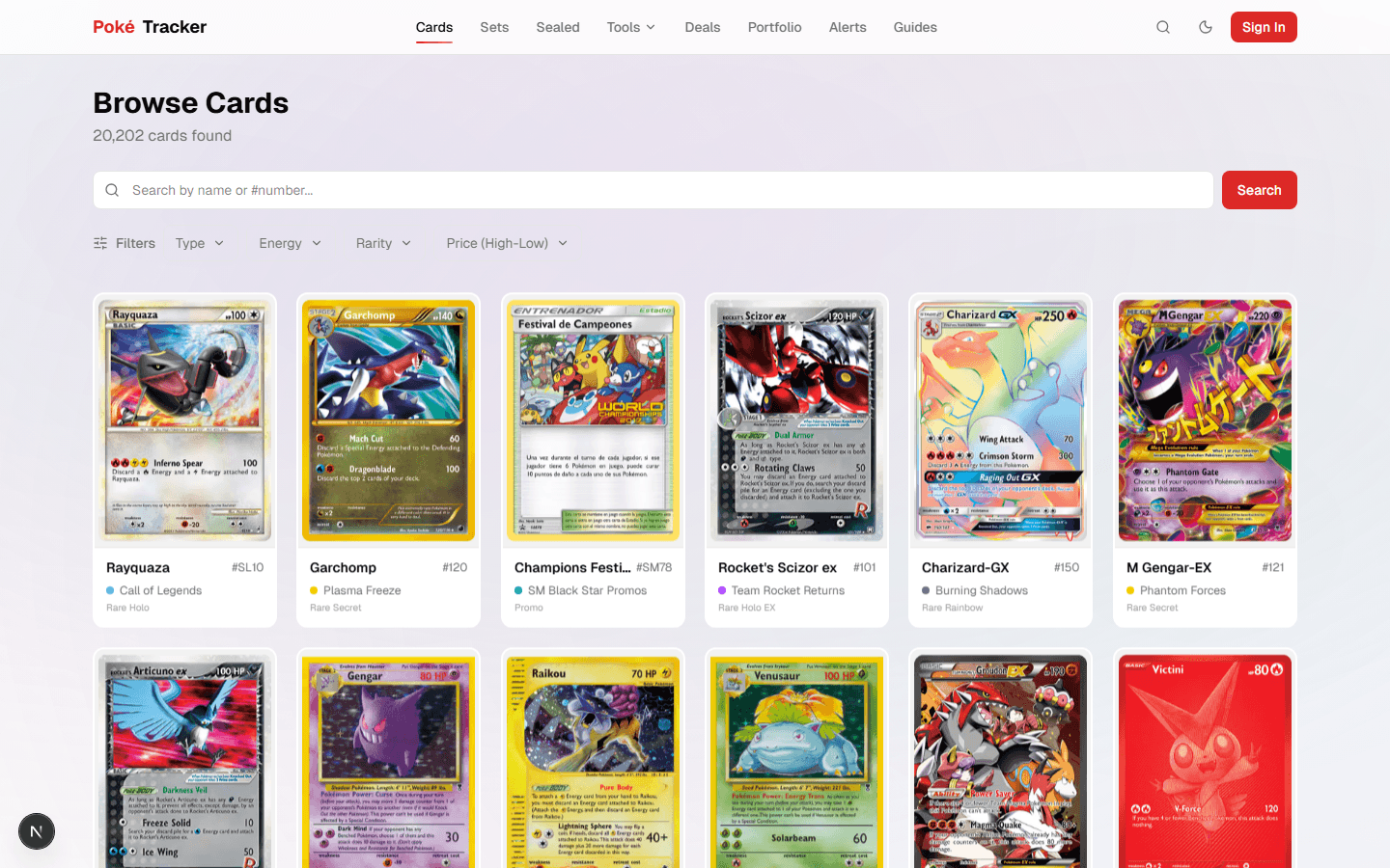 Browse Cards page showing 20,000+ Pokémon TCG cards with filters