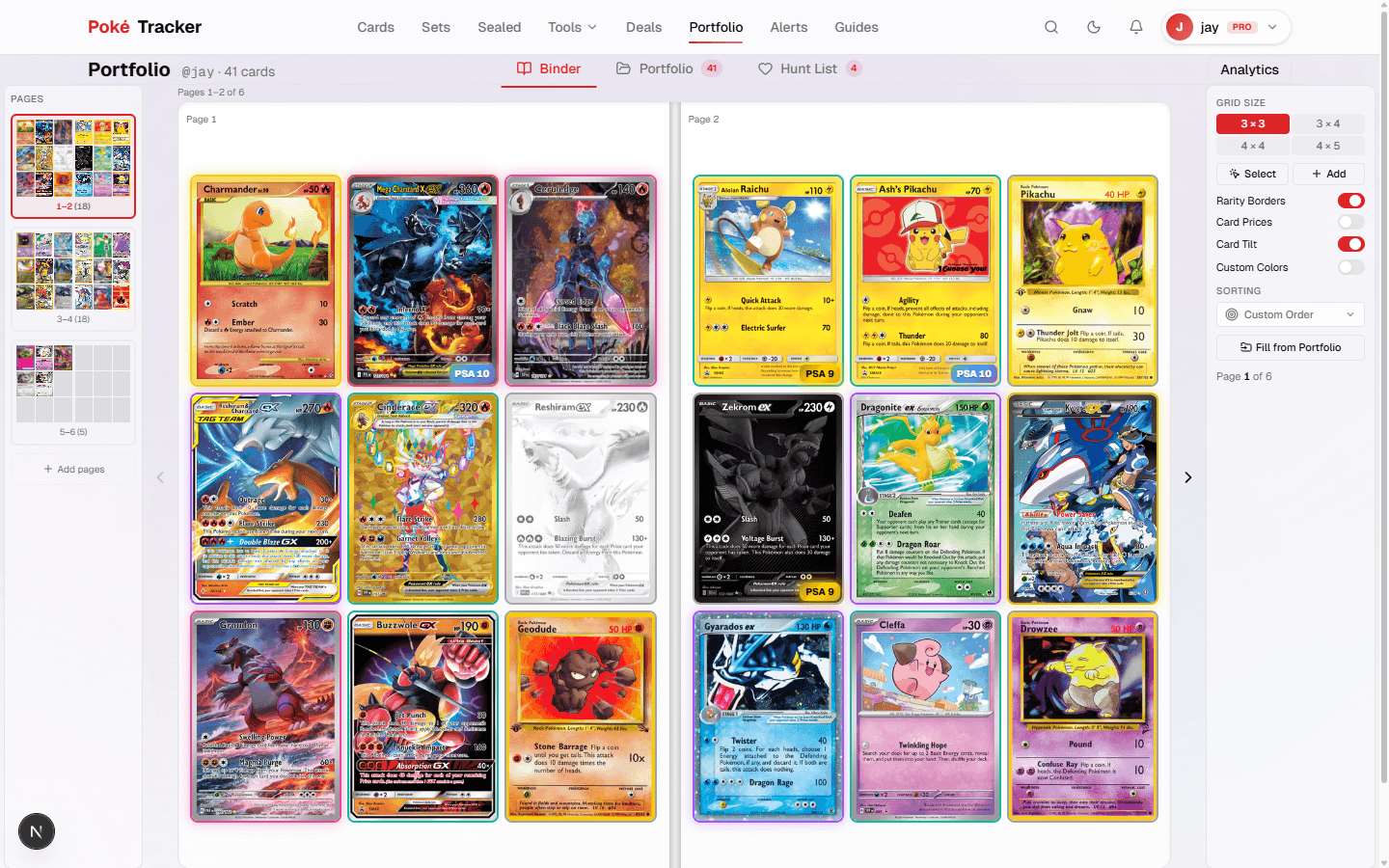 Binder view showing a 4x4 grid of collected Pokémon cards