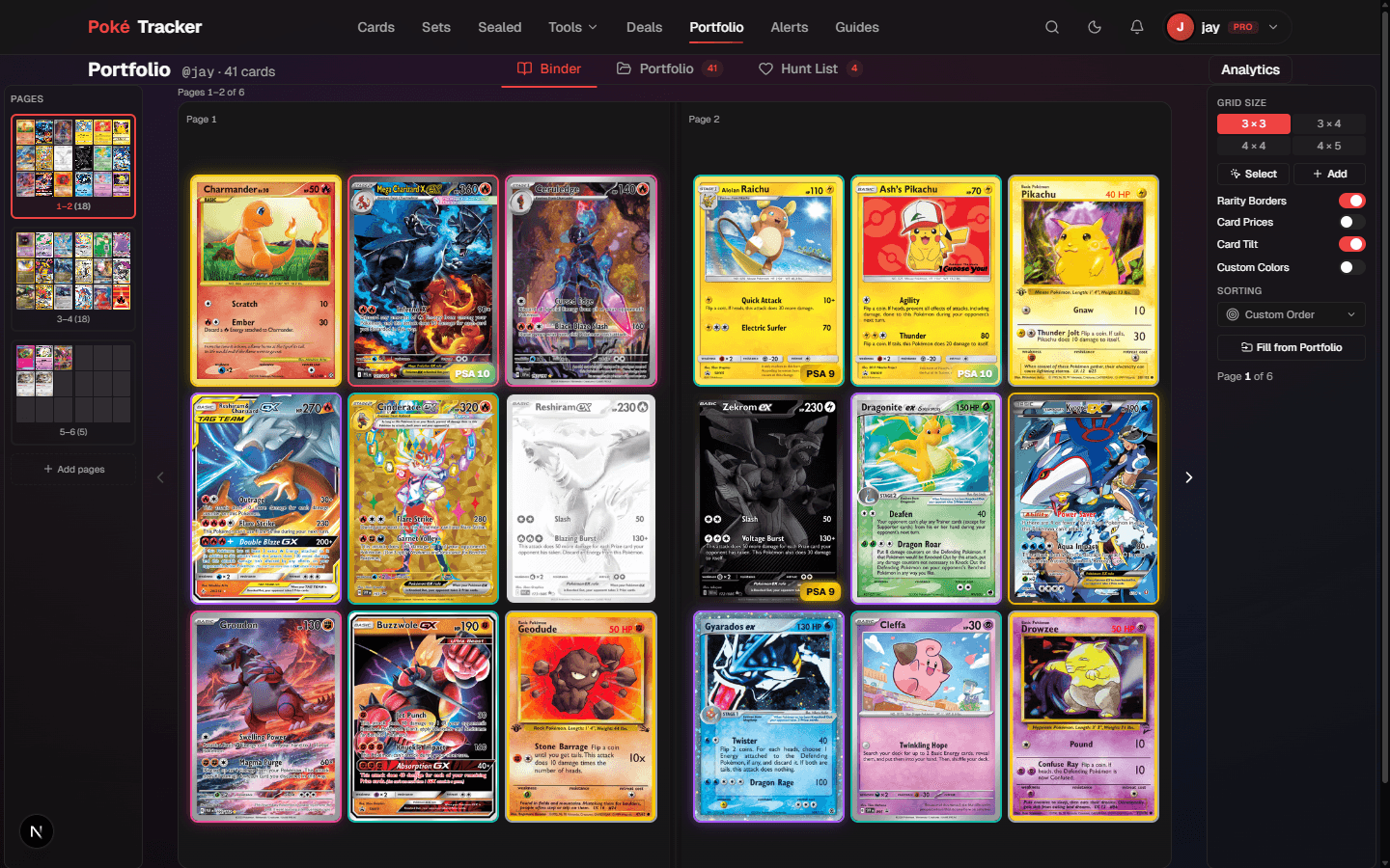 Binder view showing a 4x4 grid of collected Pokémon cards