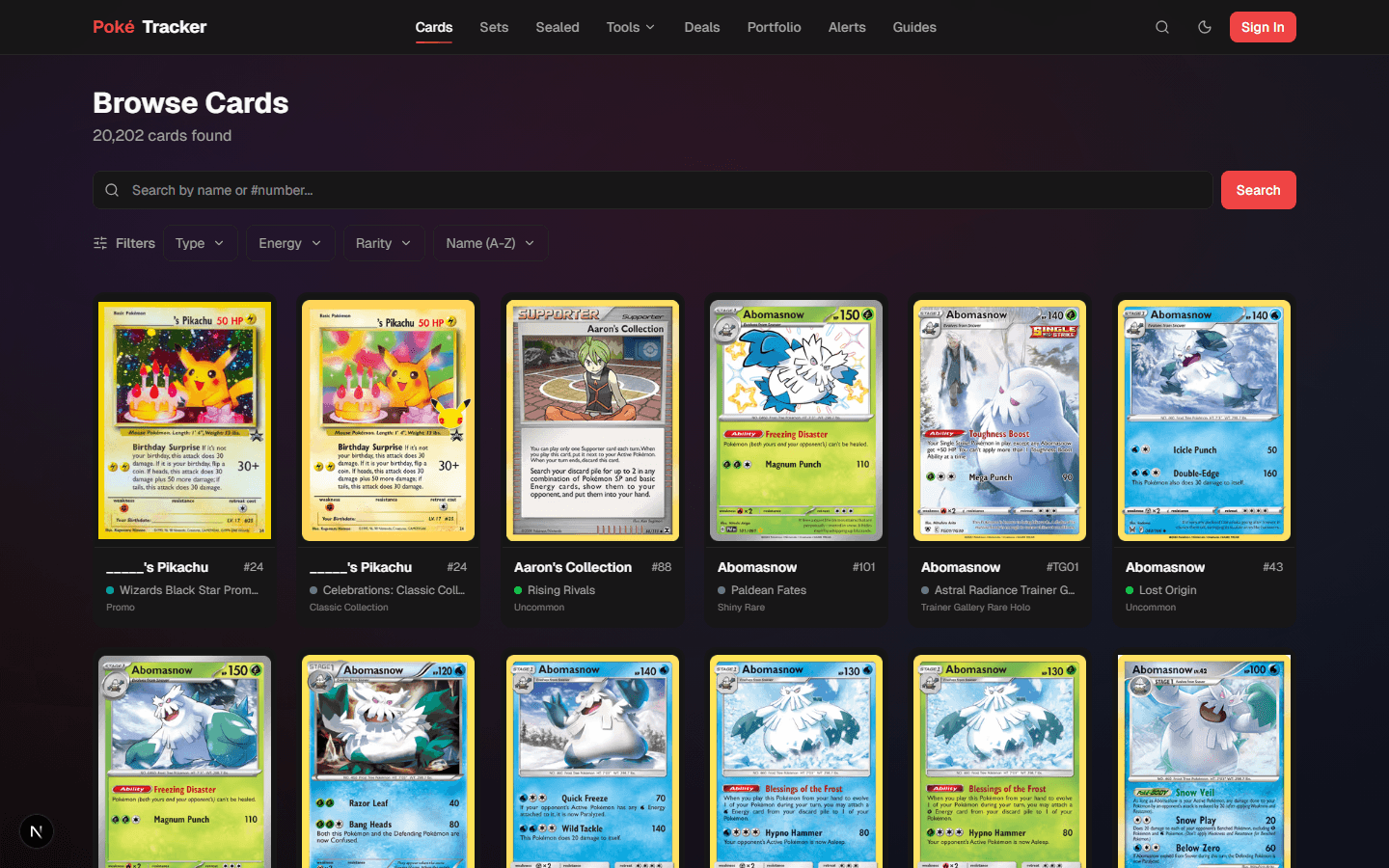 Browse Cards page showing 20,000+ Pokémon TCG cards with filters