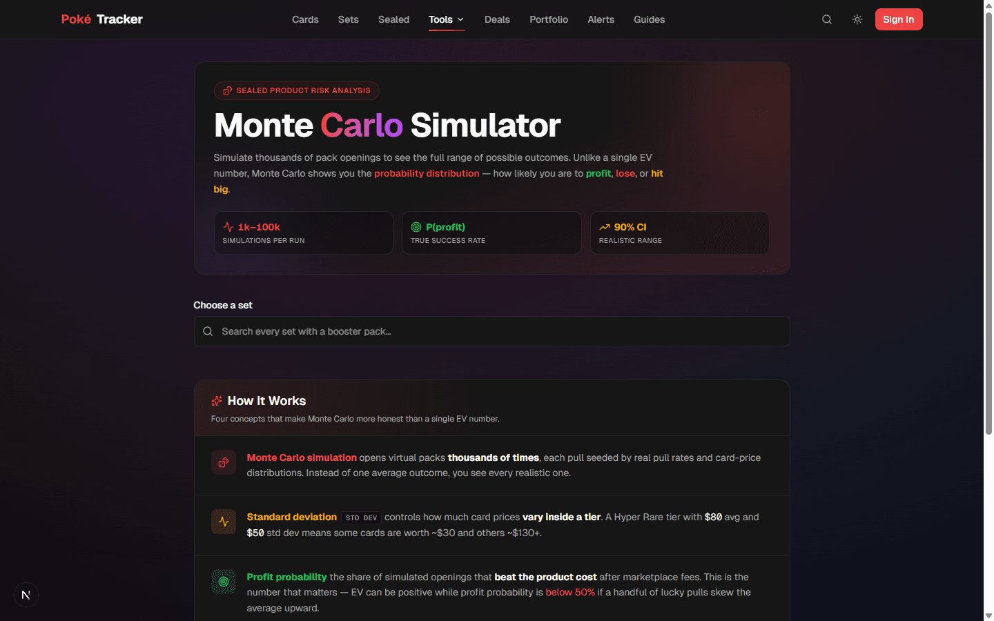 Monte Carlo Simulator showing simulation controls and how-it-works breakdown