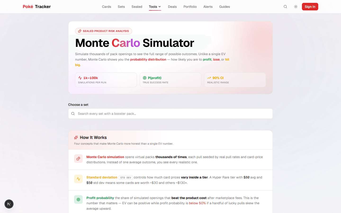 Monte Carlo Simulator showing simulation controls and how-it-works breakdown